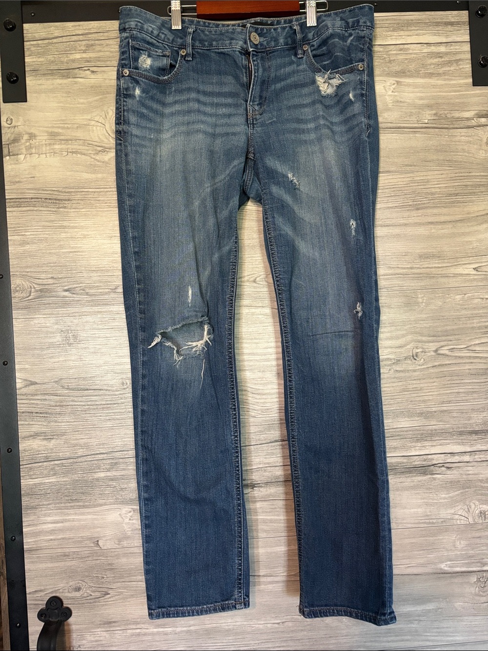 Express Distressed Straight Leg Jeans in Blue Denim